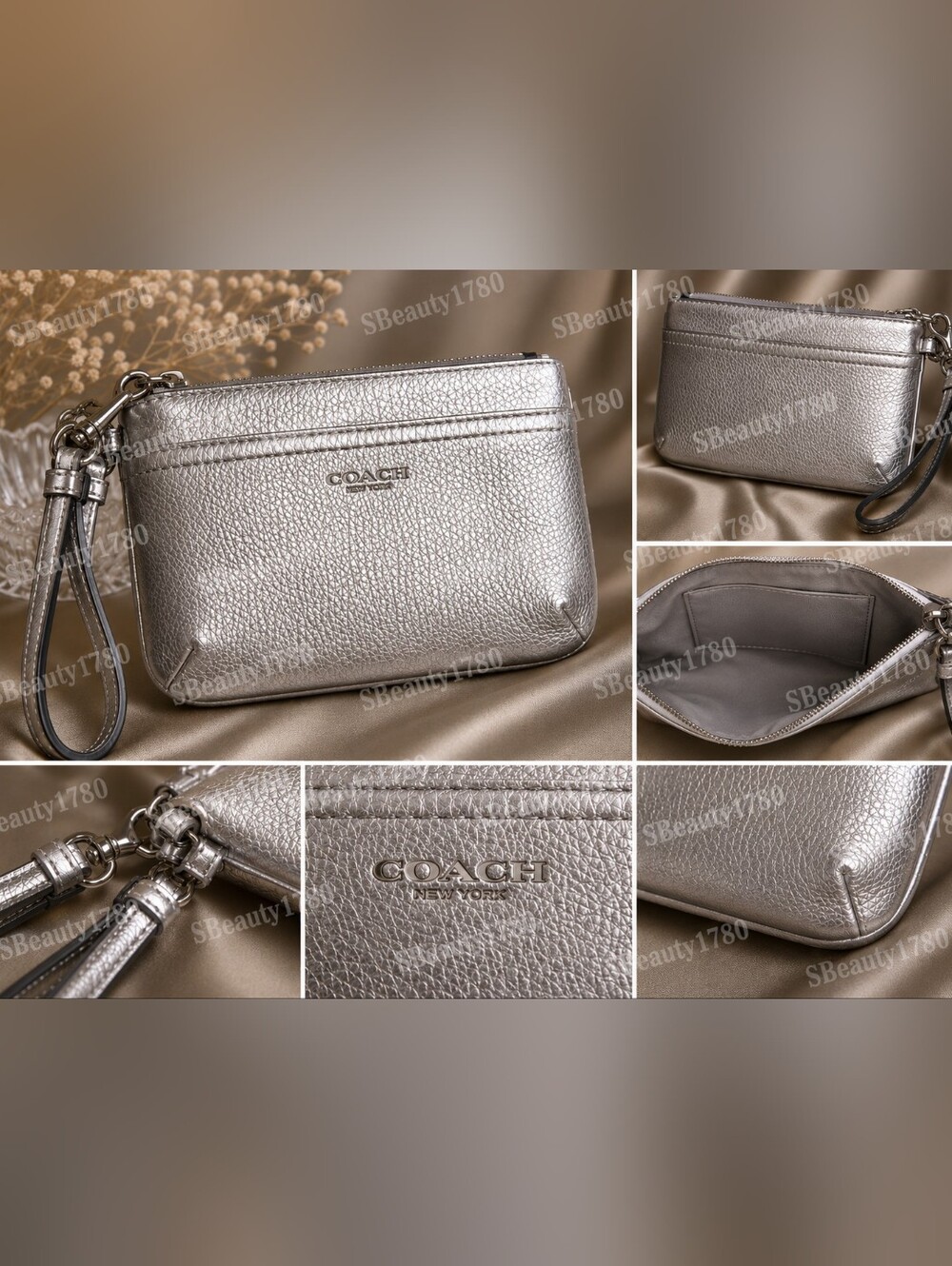 COACH Silver Metallic Leather Wristlet Clutch
